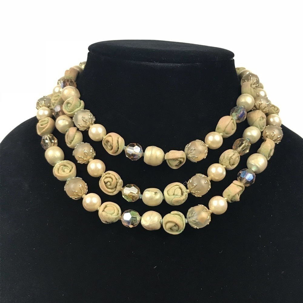 Vtg Vendome 3 Strand Aurora Borealis AB Crystal Rose Shaped Collar Necklace